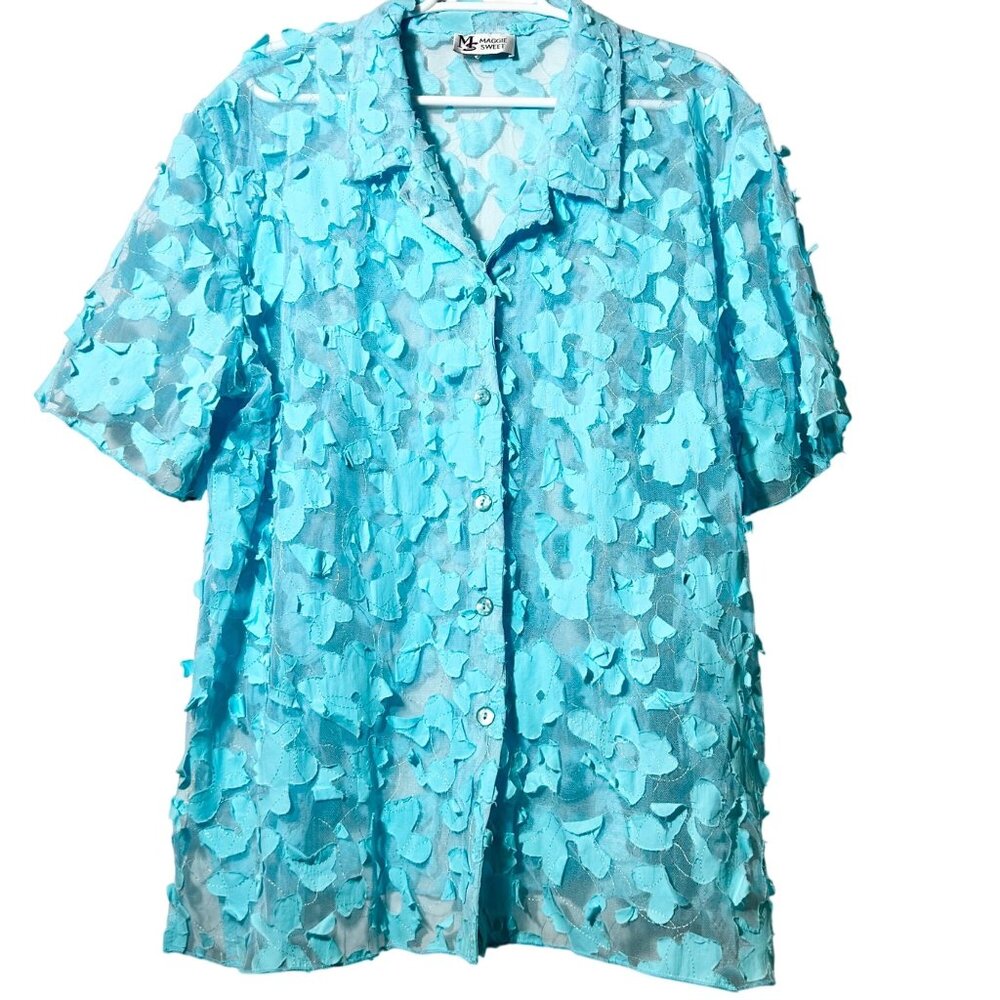 3X | VTG Ocean Blue Floral Mesh Embroidered Button Up Tunic Top Shirt | Vacation